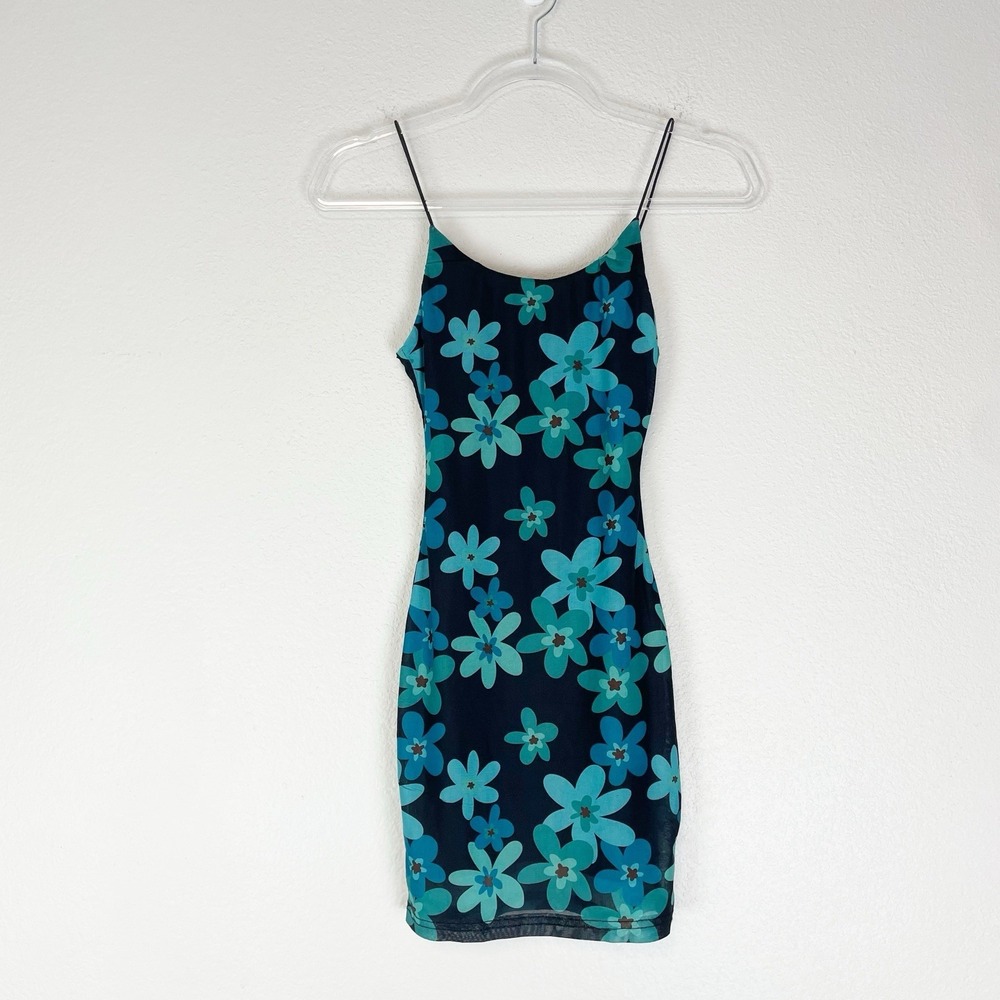 New Princess Polly Mini Dress Womens 0 Mesh Black Teal Flowers 90s Y2K Stretch